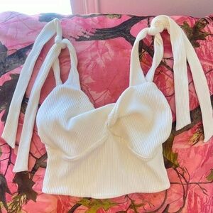 superdown by revolve coquette white knit ribbed tie strap summer tank crop top